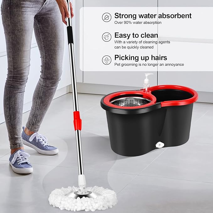 Mop and Bucket with Wringer Set, Floor Cleaning, Household Cleaning Supplies, Stainless Steel Mop Bucket, 3 Microfiber Mop Refills, 61" Extended Handle, Black/Red