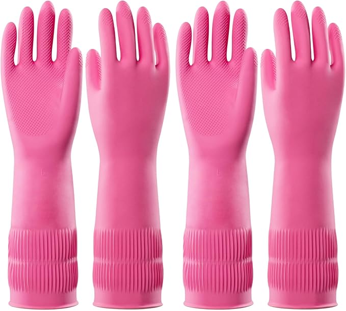 PACIFIC 2 Pairs Reusable Rubber Gloves for Washing Dishes and Cleaning Tasks, Water Resistant Household Gloves for Kitchen Bathroom, Grippy Latex Dish Washing, Pink, Large