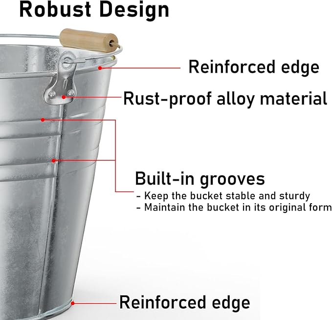 4 Gallon Galvanized Ice Bucket - Large Rustproof Metal Bucket Drink Tub with Wood Handles - 13" Beverage Bucket for Party BBQ Wedding Home Décor & Storage - 13"L x 13"W x 12"H - 4 Pack