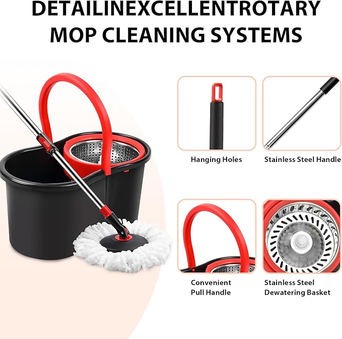 Spin Mop and Bucket with Wringer Set,360° Mop and Bucket System with One Microfiber Mop Refills and 50" Extended Handle for Floor Cleaning (Black)