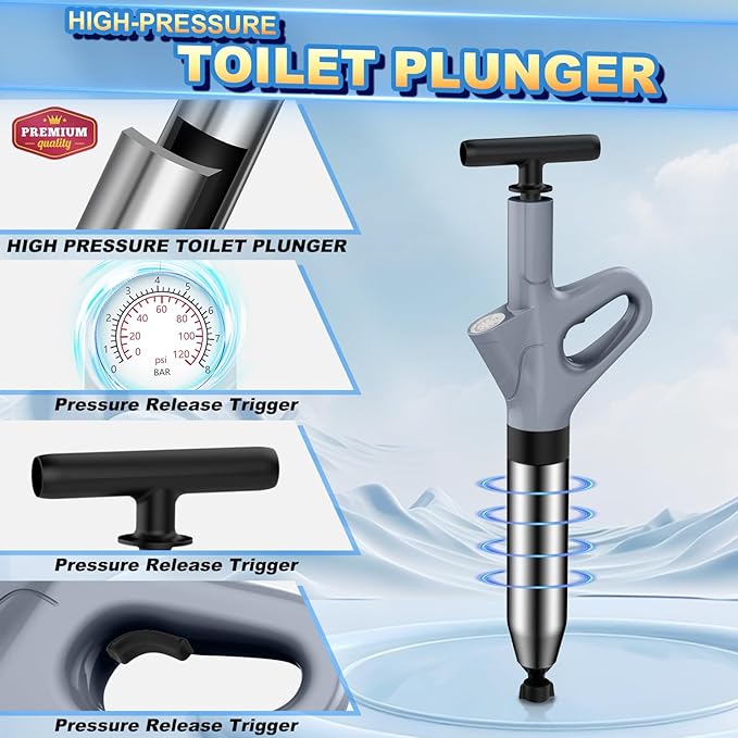 Mieaoll Toilet Plunger, High Pressure Toilet Plunger,Toilet Auger Air Drain Blaster with Real-Time, Heavy Duty Plunger for Bathroom and Plumbing Clogs (Grey)