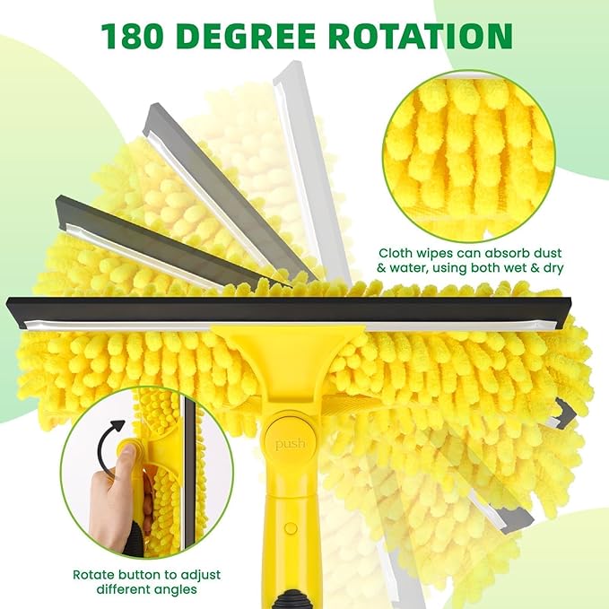 225'' Long Reach Window Squeegee with Telescoping Extension Pole, 2-in-1 Indoor/Outdoor Cleaning Tool with 270° Rotatable Head, Lightweight Alloy Aluminum Pole for Shower Door, Mirror, Car Windshield