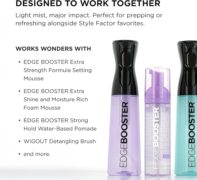 Style Factor Edge Booster Mist Spray Bottle for Hair (10.1oz/300ml) - Continuous Ultra Fine Mist Sprayer – For Hairstyling, Salons, Cleaning, Plants, Essential Oil & More - Light Blue