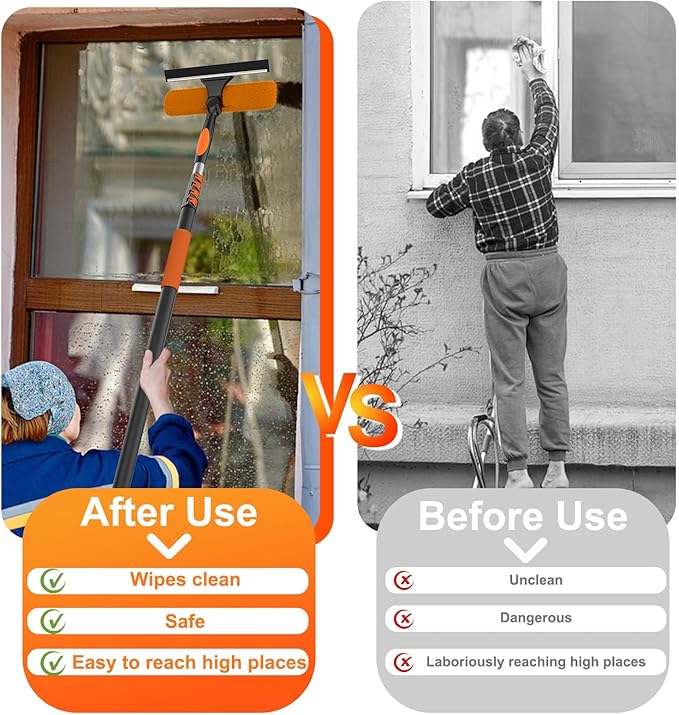 LAANPOLE 26FT Window Squeegee with Extension Pole, 2-in-1 Squeegee for Window Cleaning, Professional Cleaning Kit for Home with 20FT Telescoping Pole for Outdoor Indoor Use