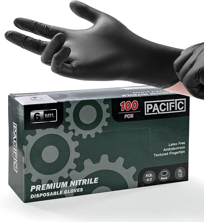 PACIFIC PPE Black Nitrile Disposable Gloves, 6 Mil, Food-Safe, Cooking & Cleaning, Powder-Free, Heavy-Duty, Textured Fingertips, 100 Count, XL