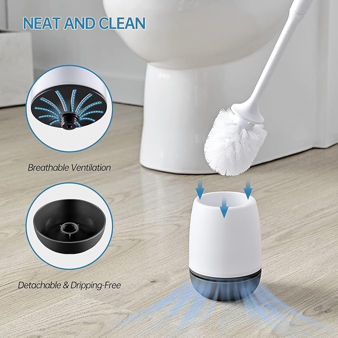 Toilet Brush, Toilet Bowl Brush and Holder Set for Bathroom, Toilet Cleaning Scrubber Brush for Bathroom for Deep Cleaning with Stiff Plastic Bristle, Ventilated Holder, Wall Mount Hook (White Head)