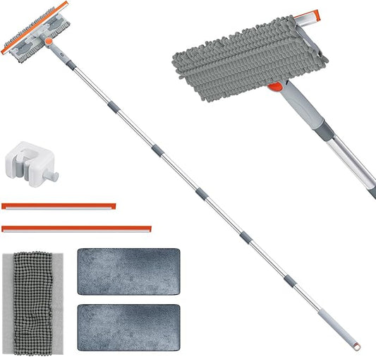 6.4FT Extendable 2-in-1 Window Washing Kit with Long Handle, 180° Rotatable Head & No-Drill Storage Holder, Streak-Free Window Squeegee for High Windows, Glass, Shower, and Car Windshield Cleaning