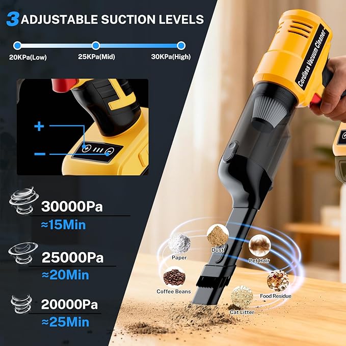 YEX-BUR Cordless Handheld Vacuum for Dewalt 20V Battery(Tool Only), 240W Powerful Car Vacuum with Brushless Motor, 3-Speed, 5 Filters, Portable Vacuum Cleaner for Home Office Car Pet