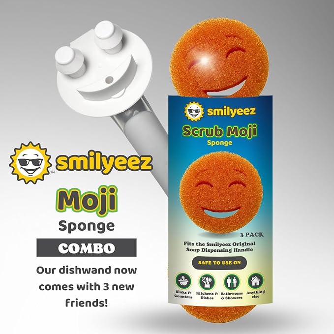 The Original Smiling Handle for Scrub Daddy and Scrub Moji Sponges (Light Blue Handle) & 3 Orange Scrub Moji Sponges