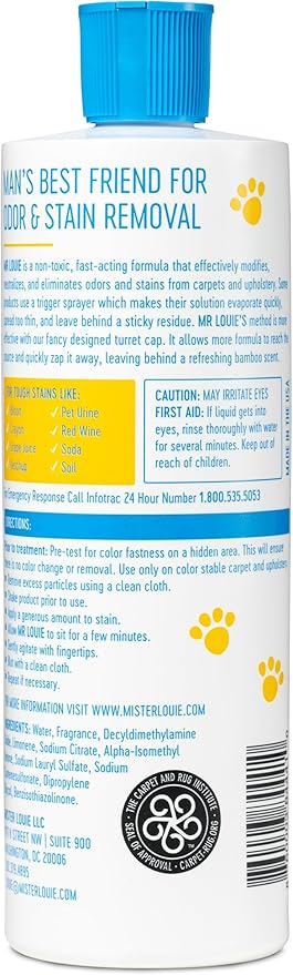 MR LOUIE ODOR & STAIN REMOVER - Safe For Use Around Kids and Pets. Incredibly tough on odors and stains from Blood, to Cat/Dog Urine, Feces, Vomit, to Food Stains like Ketchup, Red Wine, and Coffee.