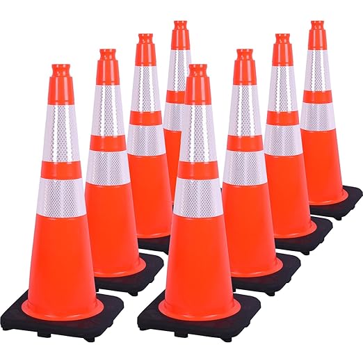 Fluorescent Orange PVC Traffic Cones, Heavy-Duty Black Base Garage Parking Lot Cones Structurally Stable Weatherproof Road Construction Safety Cones (8, Orange, 28" Large)