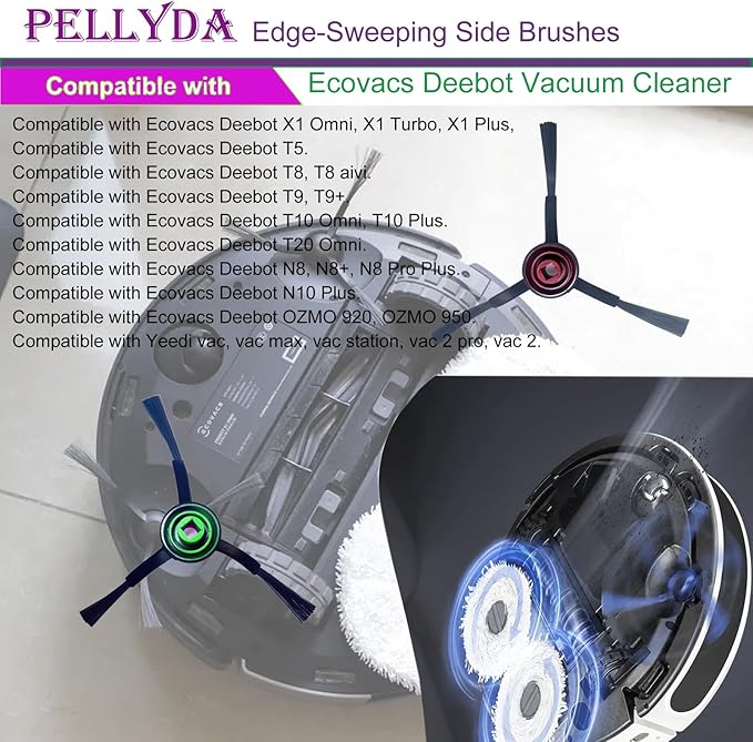 PELLYDA Side Brushes Compatible with ECOVACS DEEBOT X1, T10 Omni,T10 Plus,T20 Omni, T8 AIVI,T9+,N8 Pro Plus,N10 Plus,OZMO 920, OZMO 950, yeedi vac vac 2 Pro Vacuum Cleaner.(8 Pack)