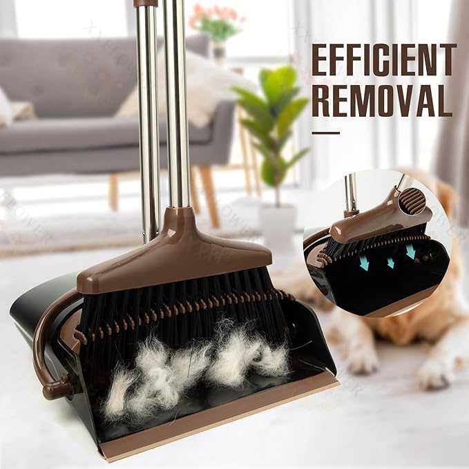 XXFLOWER Broom and Dustpan Set with Long Handle, Light Weight Stainless Steel Poles Stand Upright Dustpans with Broom Combo for Home Kitchen Office Pet Dog Hair, 1-Pack (Black Brown)