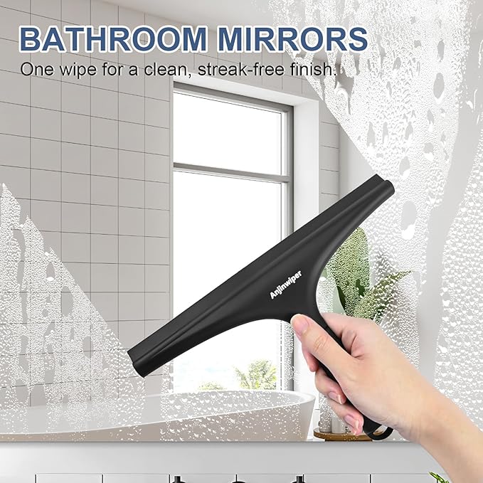 Anjinwiper All-Purpose Shower Squeegee for Glass Doors with Hook, Silicone Squeegee for Shower Glass, Shower Doors, Windows, Bathroom, Mirrors and Tiles（10 inch, Black）