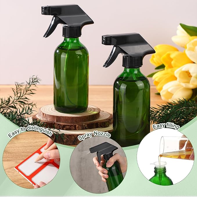 Norme 24 Pcs Glass Spray Bottles with Funnels and Labels 8 oz Refillable Cosmetic Empty Spray Containers with Trigger Squirt Containers for Essential Oil Cleaning Solutions(Green)