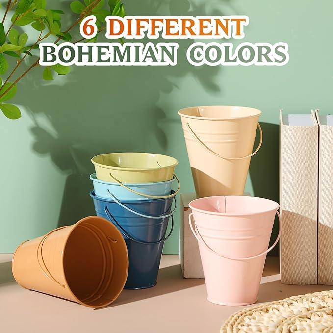 Sadnyy 24 Pack Colored Small Metal Buckets with Handle, 4.5 x 5.1 Inch Mini Galvanized Tin Bucket for Back to School Classrooms Crafts Pencil Holder Boho Wedding Birthday Party Favor Decoration