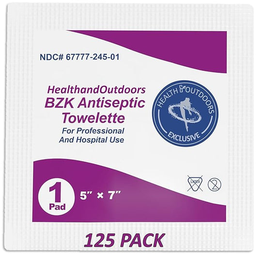 BZK Antiseptic Moist Towelette 5" x 7" Wipe (125 Count) Hand & Body Cleansing Wet Napkins Alcohol-Free Individually Wrapped Towels