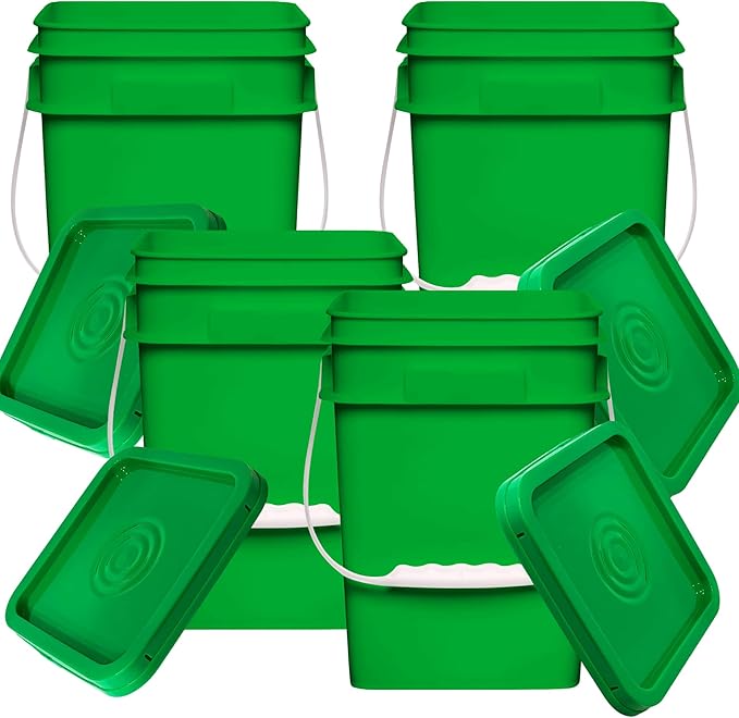 House Naturals 4 Gallon Square Food Grade Bucket Pail with Lid (Pack of 4) Made in USA containers (Green)