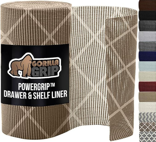 GORILLA GRIP powerGRIP Drawer Shelf and Cabinet Liner, Thick Strong Hold, Non-Adhesive Liners Protect Kitchen Cabinets and Cupboard, Bathroom Drawers, Easy Install, Breathable Mat, 17.5" x30', Beige