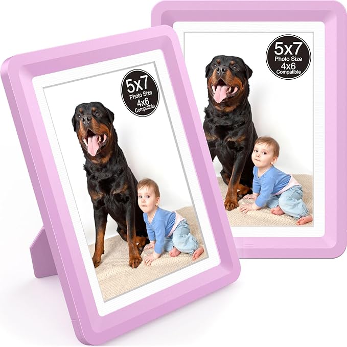 2-Pack 5x7 Picture Frame or 4x6 with Mat – Shatterproof Plastic Picture Frames for Family, Nursery & Playroom, Wall & Tabletop Frame for Home or Office, Safe Lightweight Design, Dreamy Pink