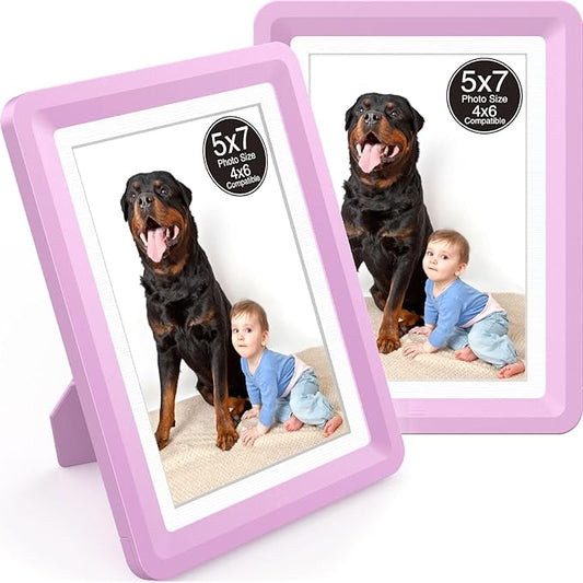 2-Pack 5x7 Picture Frame or 4x6 with Mat – Shatterproof Plastic Picture Frames for Family, Nursery & Playroom, Wall & Tabletop Frame for Home or Office, Safe Lightweight Design, Dreamy Pink