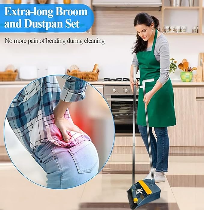Broom and Dustpan Set 50" Long Handle Foldable Stand Up Broom and Dustpan with Comb Teeth for Indoor & Outdoor Sweeping Home Dog Cat Pets (Blue)