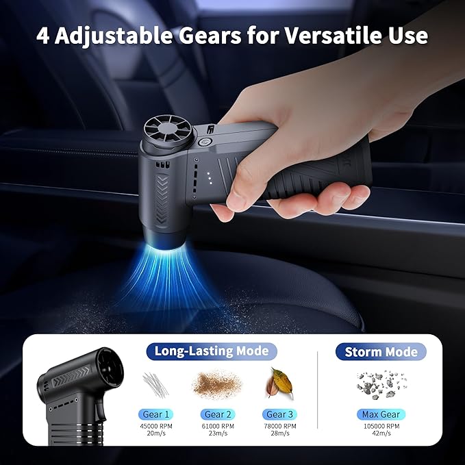 JJC Electric Compressed Air Duster with Brushless Motor, Portable 4-Gear Blower with Strong Airflow up to 42m/s, Rechargeable Cordless Blaster for PC Keyboard Camera Lens Home Ourdoor Car Cleaning