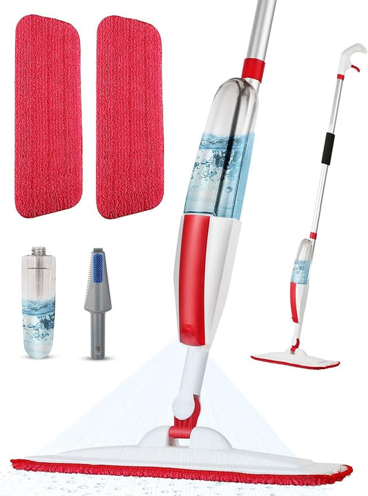 Spray Mops for Floor Cleaning Floor Mop with a Refillable Spray Bottle and 2 Washable Microfiber Pads Home or Commercial Use Dry Wet Flat Mop for Hardwood Laminate Wood (Red)