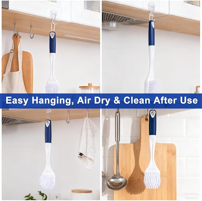 Heavy Duty 2 Pack Dish Scrub Brush with Handle BITOPE Kitchen Cleaning Scrubber with Stiff Bristle Scraper for Washing Sink Dishes Bottle Cup Pot Pan Cookware