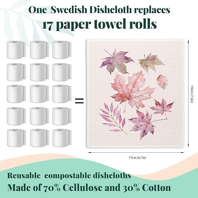 Pink Fall Pumpkin Swedish Dishcloths for Kitchen Cloths Towels, Pumpkin Maple Leaves Farm House Gifts 4 Pack Dish Cloths for Kitchen, Papaya Reusable Cleaning Paper Towels Washable