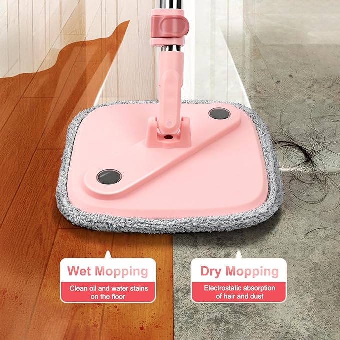 Spin Mop and Bucket Set with Self - Separating Dirty and Clean Water System, Self - Wringing, 360° Rotating Clean Mop - Head for Hardwood, Tile and Marble Floors with 6 Pads - Pink