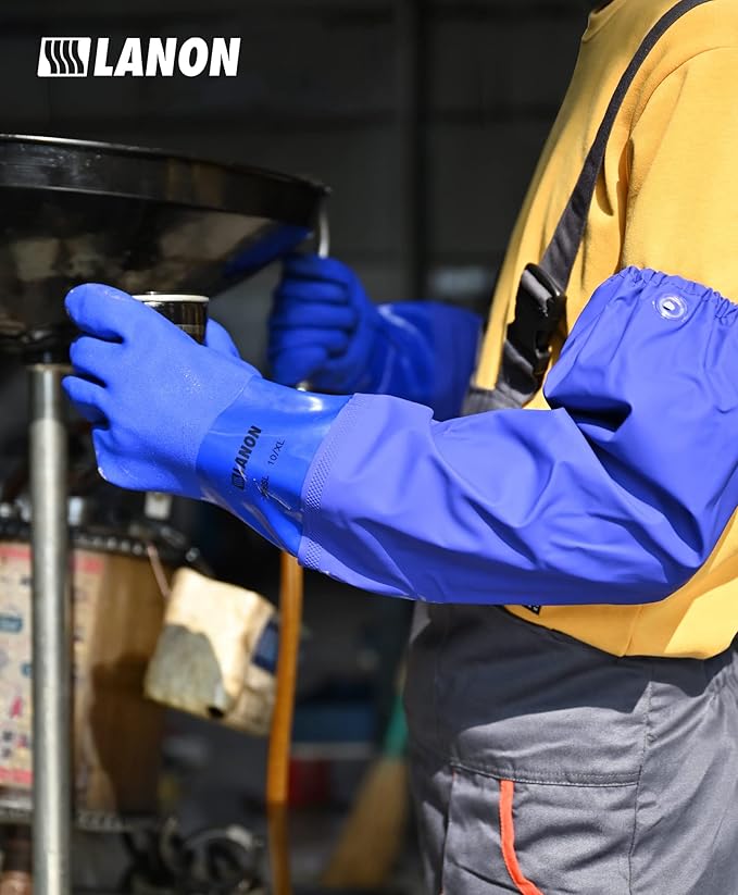 LANON 26" Elbow Length PVC Chemical Resistant Gloves, Heavy-Duty Long Rubber Gloves, Acid, Alkali & Oil Protection, Large