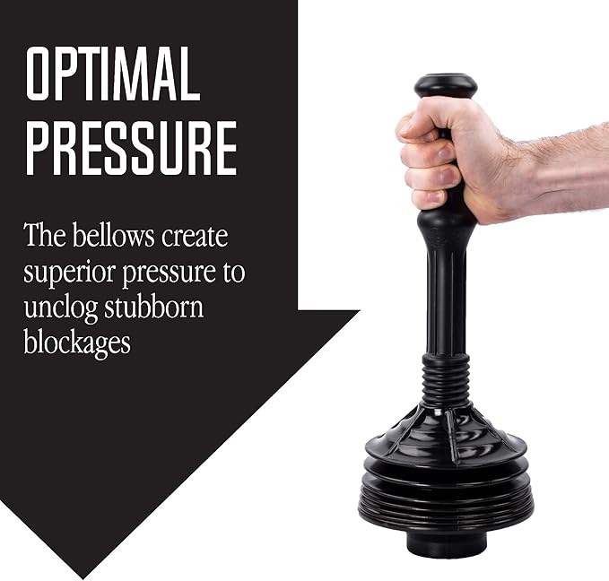 JS Jackson Supplies Professional Bellows Accordion Toilet Plunger, High Pressure Thrust Plunge Removes Heavy Duty Clogs from Clogged Bathroom Toilets, All Purpose Power Plungers for Bathrooms, Black