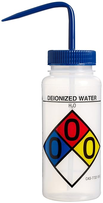 SP Bel-Art Safety-Labeled 4-Color Deionized Water Wide-Mouth Wash Bottles; 500ml (16oz), Polyethylene w/Blue Polypropylene Cap (Pack of 4) (F11716-0003)