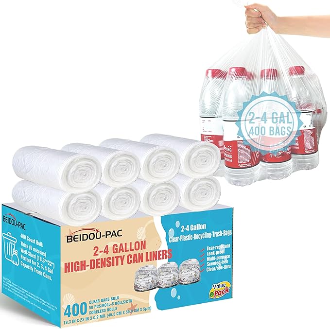 BEIDOU-PAC 2-4 Gallon Trash Bags, 400 Count Bulk, Clear Plastic Recycling Bags, Small Multi-purpose Garbage Bags for Business Home Bathroom Kitchen Commercial and Industrial