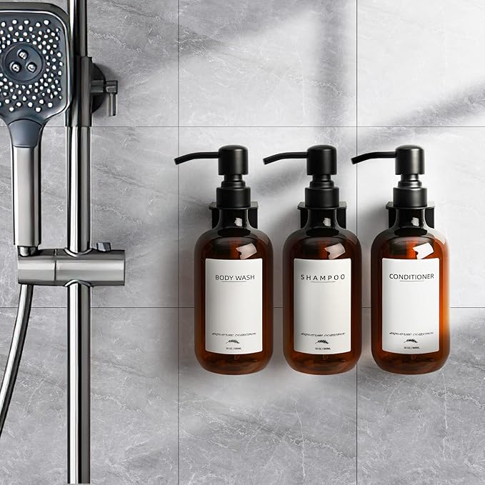 Shampoo Dispenser for Shower Wall Mount, No Drill Shampoo and Conditioner Dispenser with Matte Pump and Waterproof Labels, Shower Soap Dispenser Wall Mounted for Home Bathroom - Amber
