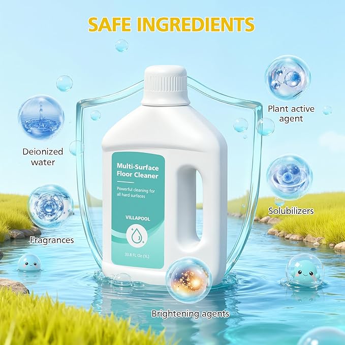 VILLAPOOL Floor Cleaning Solution Compatible with Dreame All Robot Vacuums & Wet Dry Vacuums, Residue-Free Multi-Surface Cleaner, 33.81 Fl Oz Original Scent