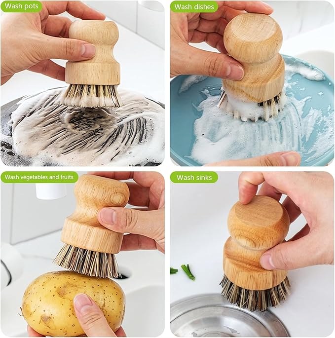 2er Pack Palm Pot Brush- Bamboo Round Mini Dish Brush Natural Scrub Brush Durable Scrubber Cleaning Kit with Union Fiber and Tampico Fiber for Cleaning Pots, Pans and Vegetables (A, M)
