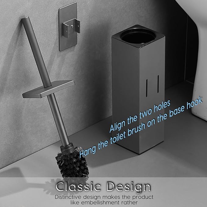 Brushed Gold Stainless Steel Toilet Brush, Square No-Punch Hook Base Toilet Brush Holder Removable Inner Bucket and Splash Proof Cover - Soft Bristles (No Drill Square Metal Cap Gray)