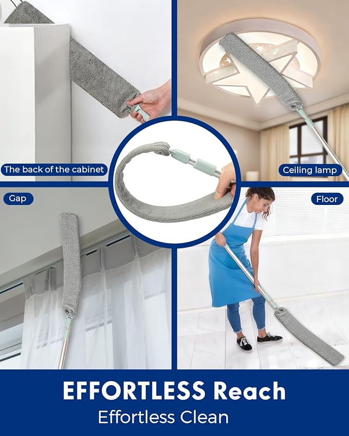 Extendable Duster for Hard to Reach Areas, Extension Pole of Flat Duster for Under Appliances, Includes 8 Washable Microfiber Dusters for Cleaning Extendable Under Refrigerator, Furniture & Couch