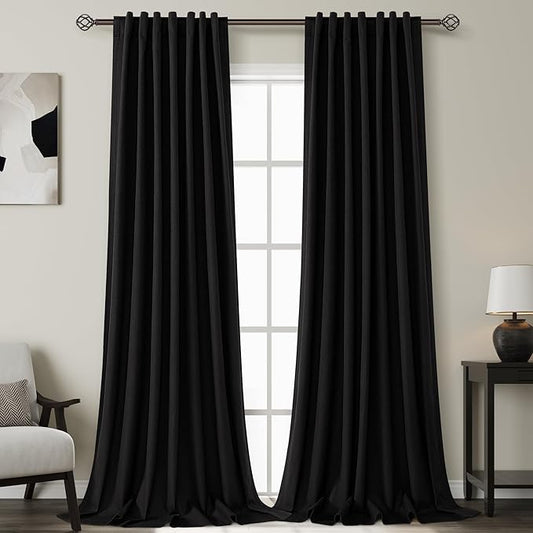 Black Linen Blackout Curtains 120 Inch Length 2 Panels Set Burg Extra Long 10 Ft Back Tab Pocket Drapes Cotton Textured Thermal Insulated Total Blocking Curtains for Dining Room Cottage High Window