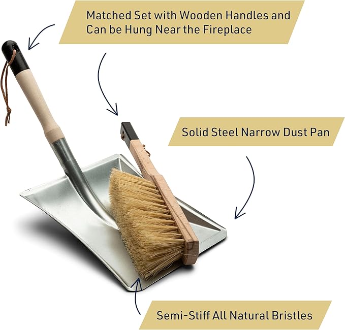 Fireplace Shovel and Hearth Brush Set - Ash Shovel Metal Dustpan and Chimney Sweep Brush Fireplace Tools with Wood Handles and Natural Fiber Bristles - Fireplace Tool Set by Kings County Tools