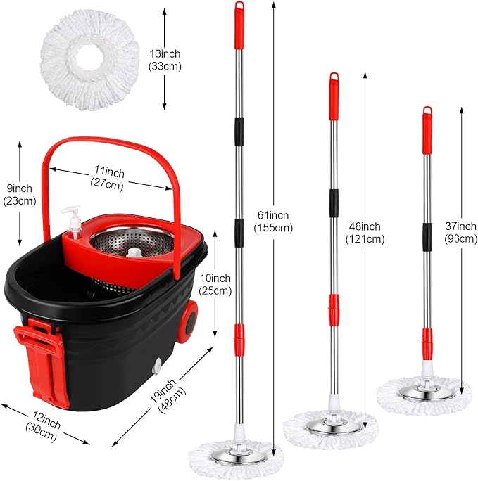 Mop and Bucket Set, 360° Spin Mop and Bucket with Wringer Set and 3 Microfiber Mop Refills, Stainless Steel 61'' Extended Handle Spinning Mop Bucket System for Floor Cleaning