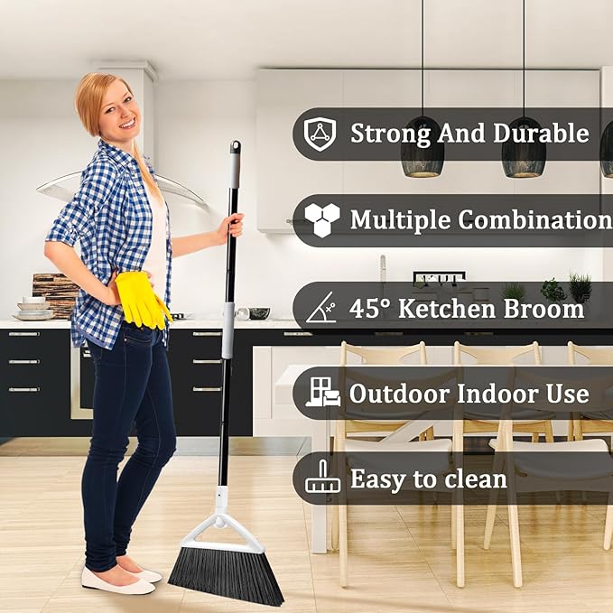 Szjyhqy 3 Pack Outdoor Indoor Broom, Brooms for Sweeeping Indoor, Heavy-Duty Kitchen Broom with Long Pole, Angle Broom White for Garages Restaurant Courtyard Office Slidewalk Lobby Sweep Dust
