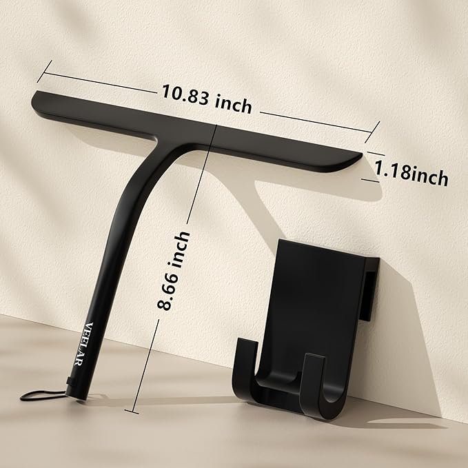 VEELAR Shower Squeegee for Shower Glass, Bathroom Glass Cleaning Tool with Hook Mount, Squeegee for Glass Doors, Window Cleaning, Tile Shower Walls (Black)
