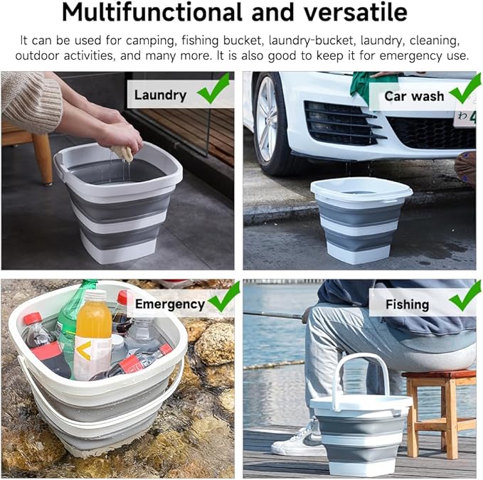 2 Pack Collapsible Plastic Bucket with Handle 1.32 Gallon (5L) Each Foldable Rectangular Tub for Cleaning Camping Essentials Space Saving Outdoor Portable Bucket for Camping