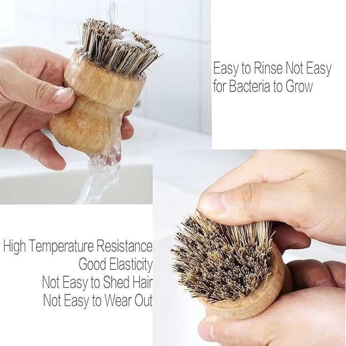 Wooden Dish Brush Set Clean Pots Bamboo Dish Brush - 1 Long Handle Dish Brush and 2 Palm Scrubbing Brush Scrub Brush for Pots, Pans & Dishes,Plastic Free Washing Up, Zero Waste Cleaning (3 Pack)