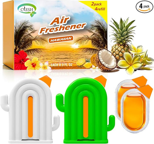 Air Freshener for Home, 2 Pack, 2 Refill, Hawaiian Scent, Odor Eliminator, Up to 120 Days, Cactus-shaped Freshener for Closet Bathroom, Cute Home Decor, White and Green