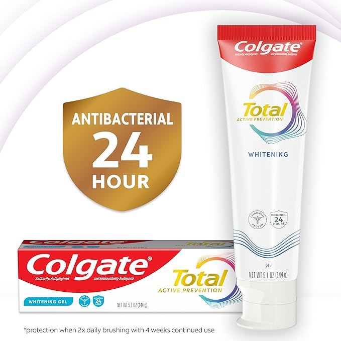 Colgate Total Active Prevention Whitening Gel Toothpaste with Fluoride, Bulk with Clinically Proven Formula That Fights Plaque Bacteria, Mint, 4 Pack, 5.1 oz