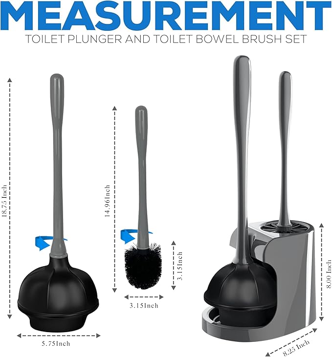 2 in 1 Toilet Brush and Plunger Set - Toilet Brush with Solid Handle, Stand and Holder for Deeply Cleaning in Bathrooms - Plastic Toilet Brush and Holder Set in Grey